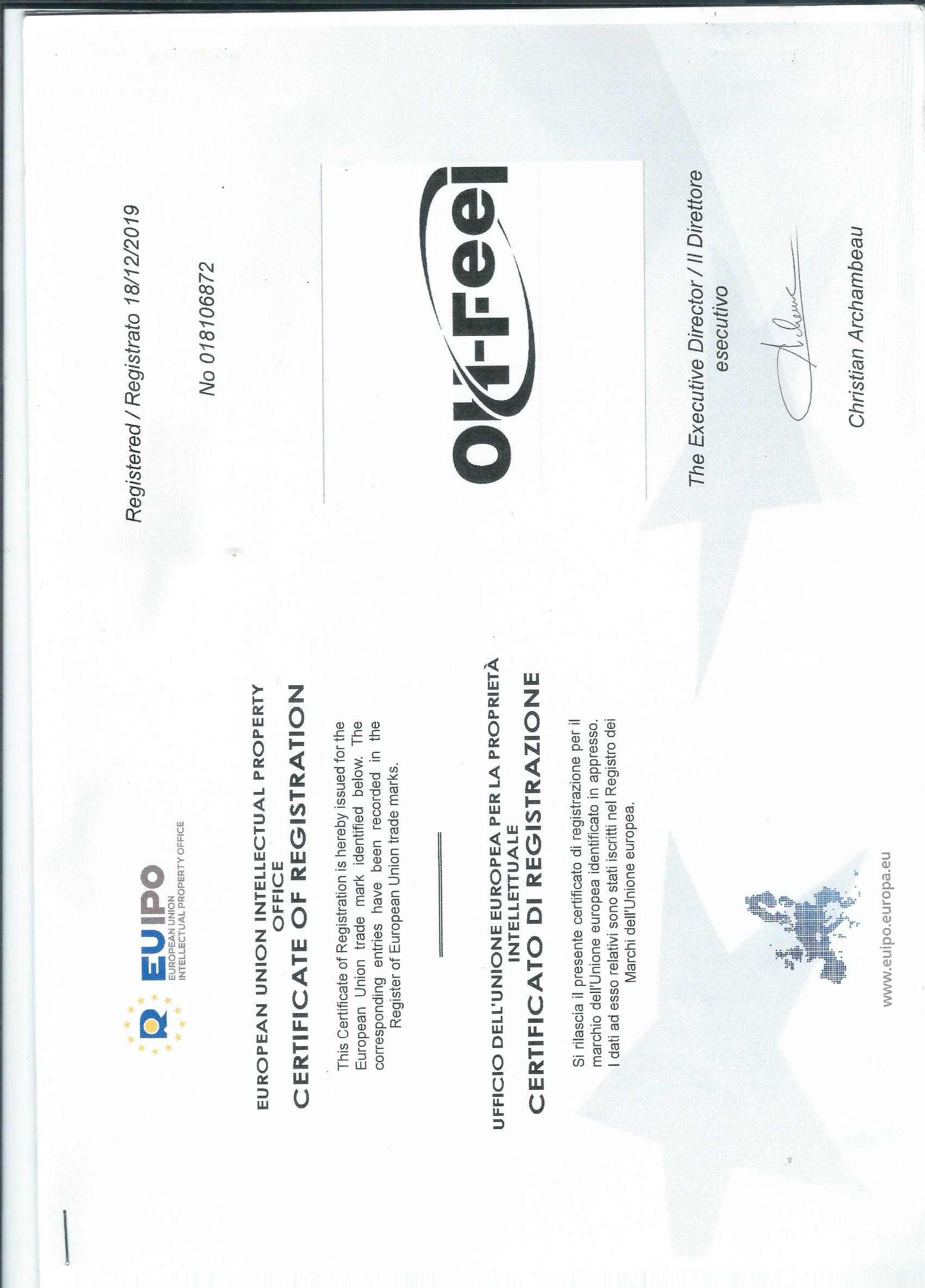 OH-FEEL 欧盟商标注册证书（EUIPO No. 018108672）