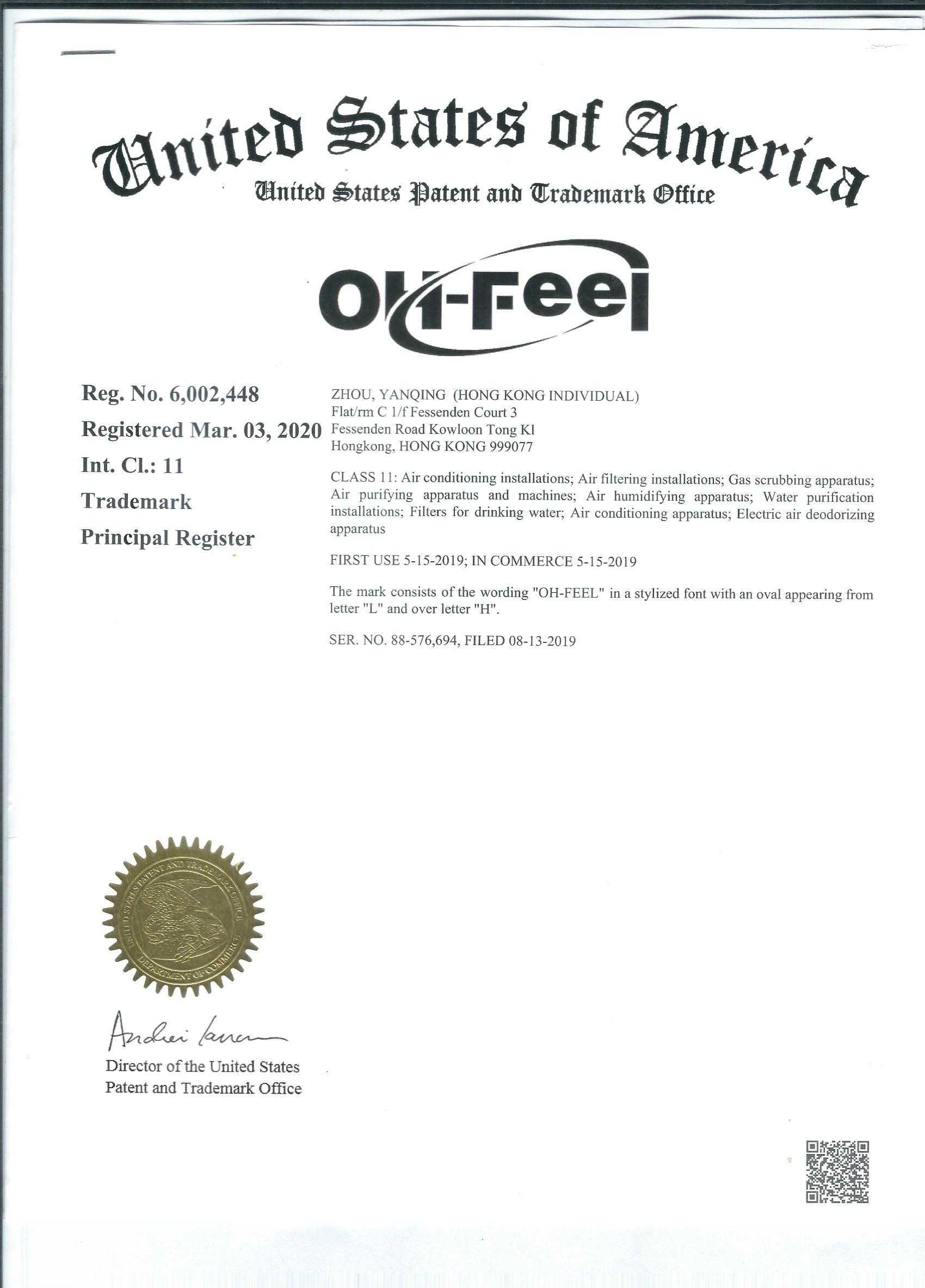 OH-FEEL 美国商标注册证书（USPTO Reg. No. 6,002,448）